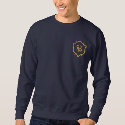 Navy Blue Elegant Initial Letter Monogram Mens    Embroidered Sweatshirt