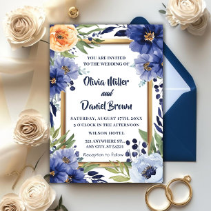 Navy Blue Elegant Ivory Floral Wedding Invitation