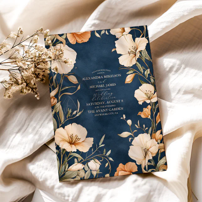 Navy Blue Elegant Ivory Floral Wedding Invitation | Zazzle