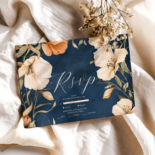 Navy Blue Elegant Ivory Floral Wedding RSVP Card
