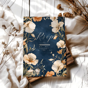 Navy Blue Elegant Ivory Floral Wedding RSVP Card