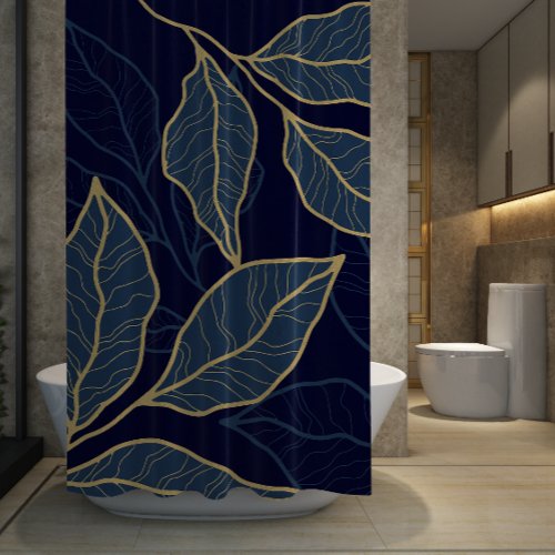 Navy Blue Elegant Luxurious Gold Leaf  Shower Curtain