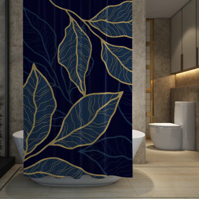 Navy Blue Elegant Luxurious Gold Leaf Shower Curtain
