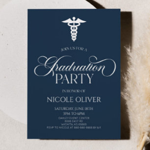 Navy Blue Elegant Medical Caduceus Graduation Invitation