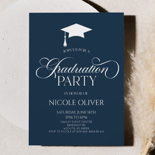 Navy Blue Elegant Minimal Minimalist Graduation Invitation