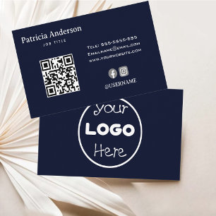 Navy Blue Elegant Minimalist Company Logo QR Code Business Card
