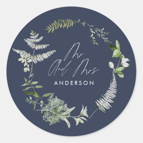 Navy blue elegant modern botanical script wedding classic round sticker