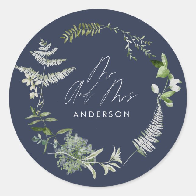 Navy blue elegant modern botanical script wedding classic round sticker (Front)