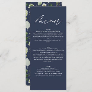 Navy blue elegant modern botanical script wedding menu