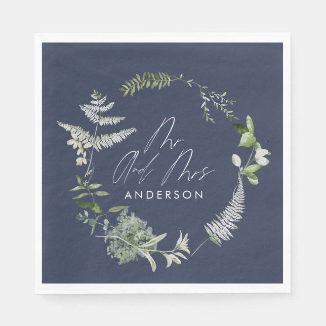 Navy blue elegant modern botanical script wedding napkins (Front)