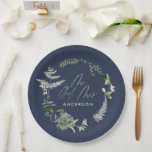 Navy blue elegant modern botanical script wedding paper plates<br><div class="desc">Rustic modern natural monochrome black and green floral and botanical wedding decor Mr and Mrs paper plates. With beautiful script text and sage green,  gray,  navy blue and white foliage watercolor details. This modern wedding collection is sure to set the style for your big day.</div>