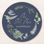 Navy blue elegant modern botanical script wedding  round paper coaster<br><div class="desc">Rustic modern natural monochrome black and green floral and botanical wedding decor Mr and Mrsdecor coaster. With beautiful script text and sage green,  gray,  navy blue and white foliage watercolor details. This modern wedding collection is sure to set the style for your big day.</div>