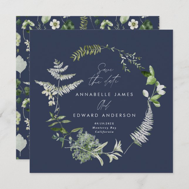 Navy blue elegant modern botanical script wedding save the date (Front/Back)