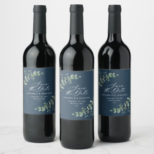 Navy blue elegant modern eucalyptus save the date wine label
