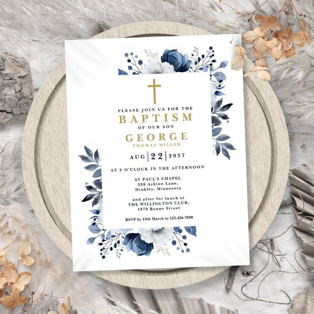 Navy Blue Elegant Modern Floral Baptism Invitation Postcard (Navy Blue Elegant Modern Floral Baptism Invitation Postcard)