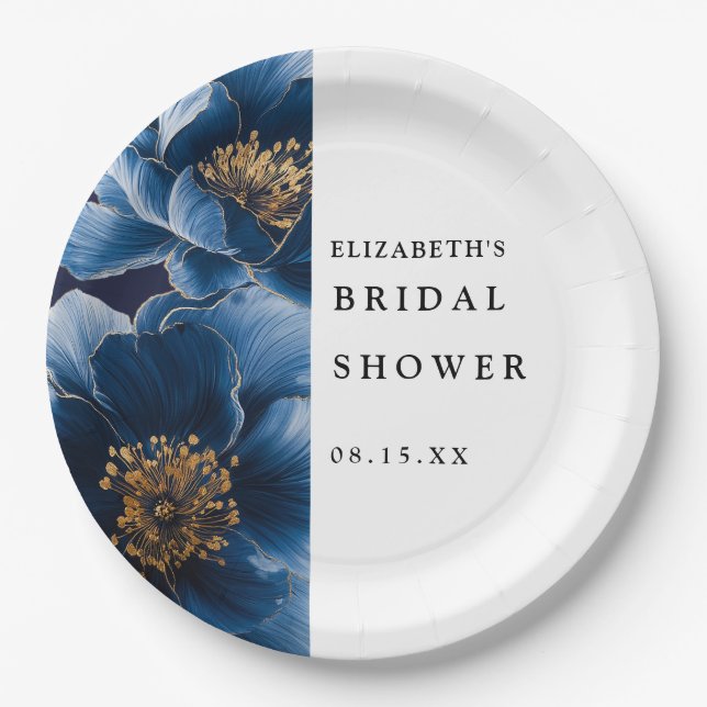 Navy Blue Elegant Modern Floral Bridal Shower Paper Plates (Front)