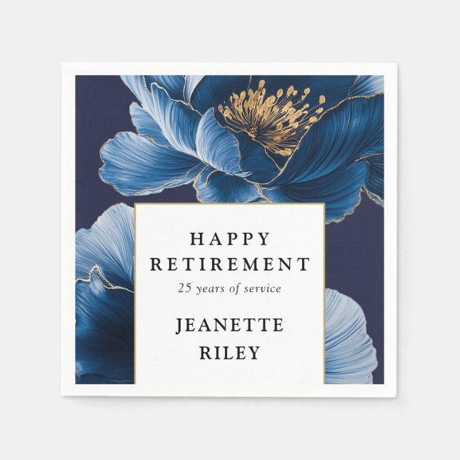 Navy Blue Elegant Modern Floral Happy Retirement Napkins (Front)