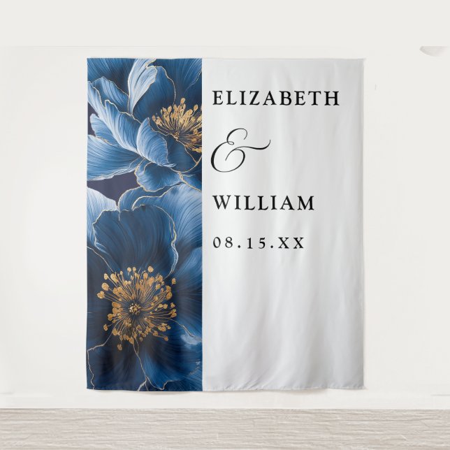 Navy Blue Elegant Modern Floral Wedding Backdrop (Front)