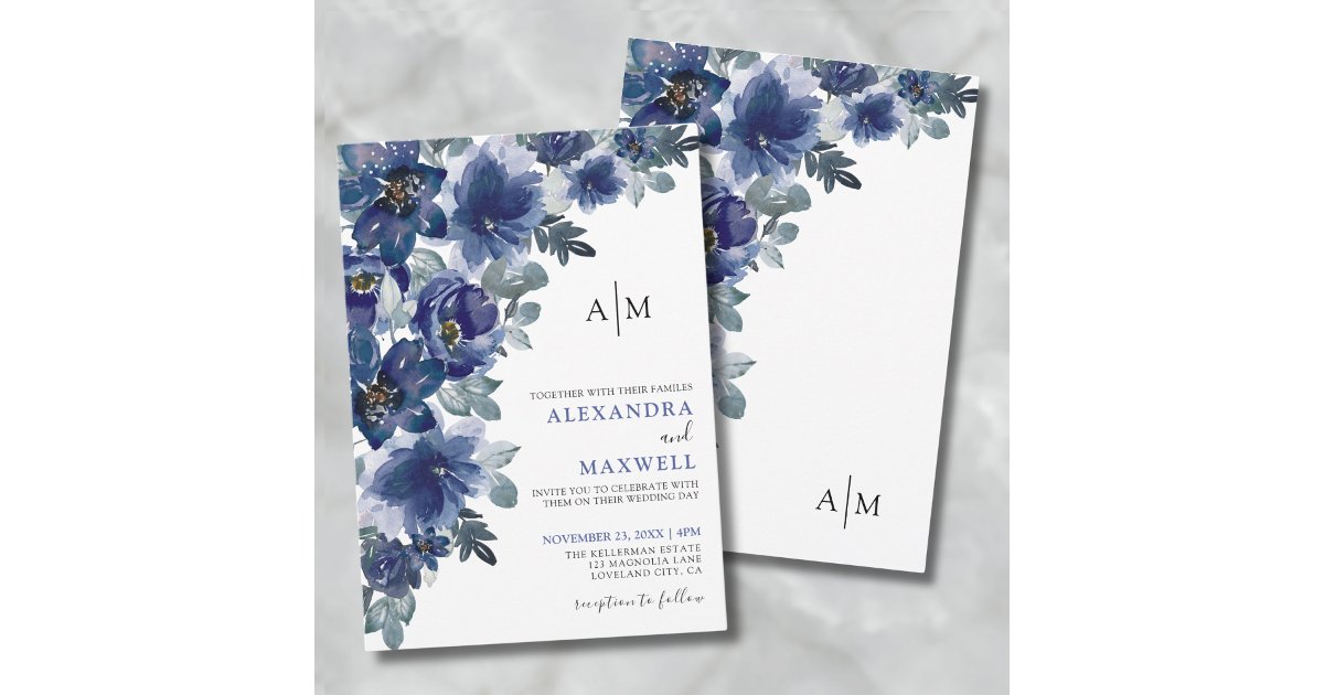 Navy Blue Elegant Modern Floral Wedding Invitation | Zazzle