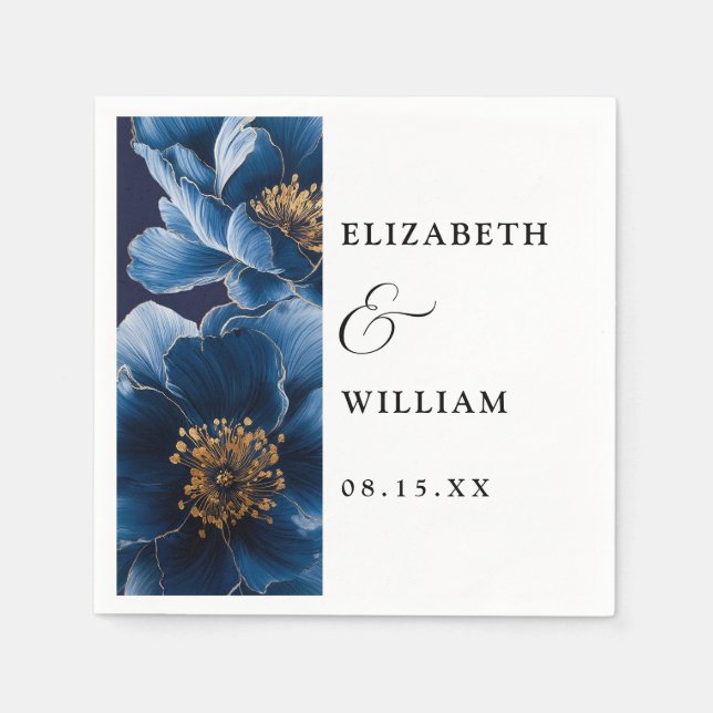 Navy Blue Elegant Modern Floral Wedding Napkins (Front)