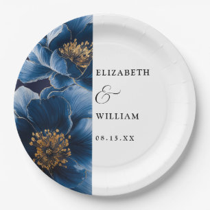 Navy Blue Elegant Modern Floral Wedding Paper Plates