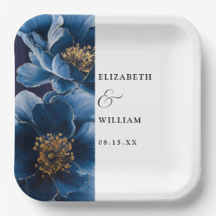 Navy Blue Elegant Modern Floral Wedding Paper Plates
