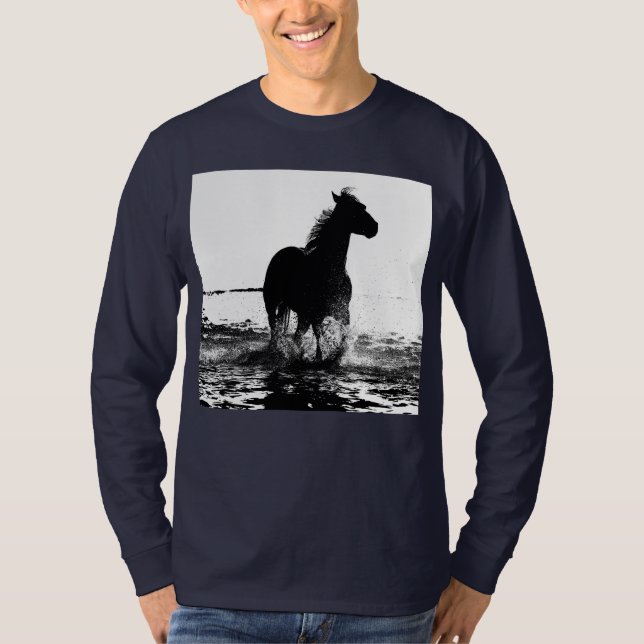 Navy Blue Elegant Modern Running Horse Pop Art T-Shirt (Front)