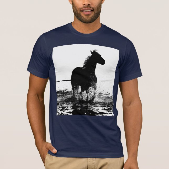 Navy Blue Elegant Modern Running Horse Pop Art T-Shirt (Front)