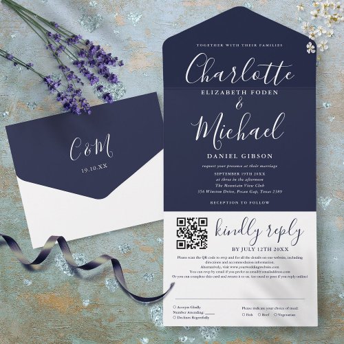 Navy Blue Elegant Modern Script QR Code Wedding All In One Invitation