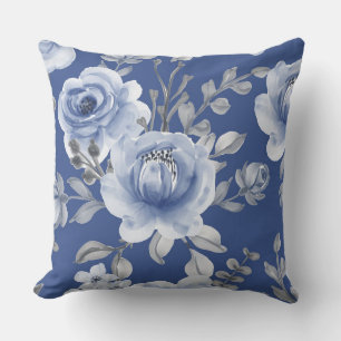 Navy Blue & Elegant Modern Watercolor Floral Outdoor Pillow