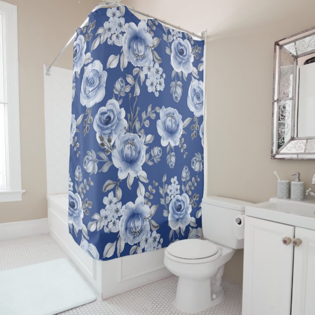 Navy Blue & Elegant Modern Watercolor Floral Shower Curtain (In Situ)