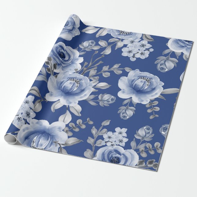 Navy Blue & Elegant Modern Watercolor Floral Wrapping Paper (Unrolled)