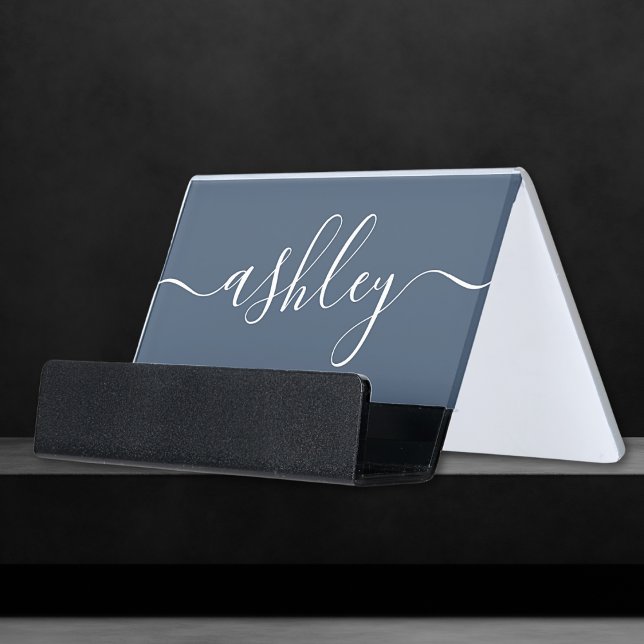 Navy Blue Elegant Monogram Calligraphy Name Desk Business Card Holder (Creator Uploaded)