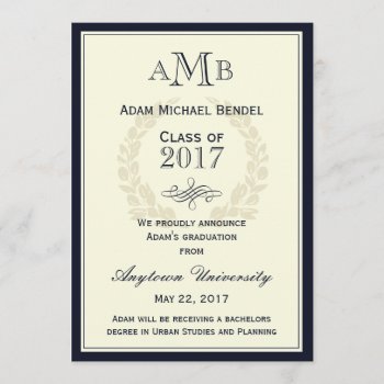 Navy Blue Elegant Monogram Graduation Announcement by adams_apple at Zazzle