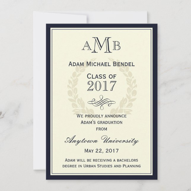 Navy Blue Elegant Monogram Graduation Announcement (Front)
