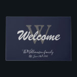 Navy Blue Elegant Monogram Name Wedding Welcome Doormat<br><div class="desc">Navy Blue Elegant Monogram Script Name Chic Cute Wedding Welcome Doormat. Personalized white and grey monogram with bride and groom last name and date established on a navy blue background. A unique cute gift for newlyweds. Lovely for their new home together. Click personalize this template to customize it quickly and...</div>