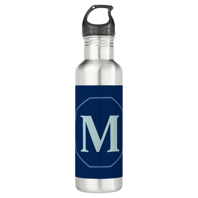 Navy Blue elegant monogram personalized Stainless Steel Water Bottle (Front)