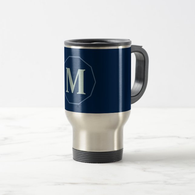 Navy Blue elegant monogram personalized Travel Mug (Front Right)