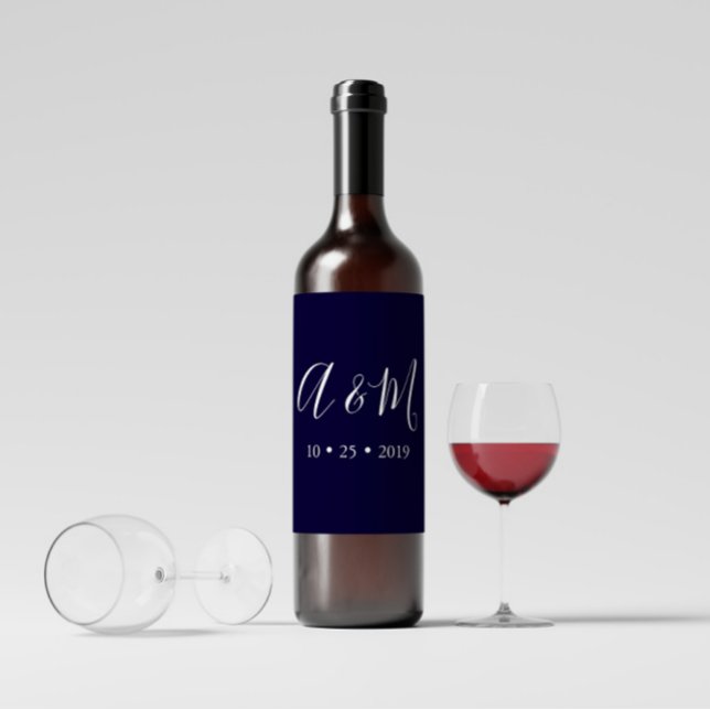 Navy Blue Elegant Monogram Wedding Wine Label (Creator Uploaded)