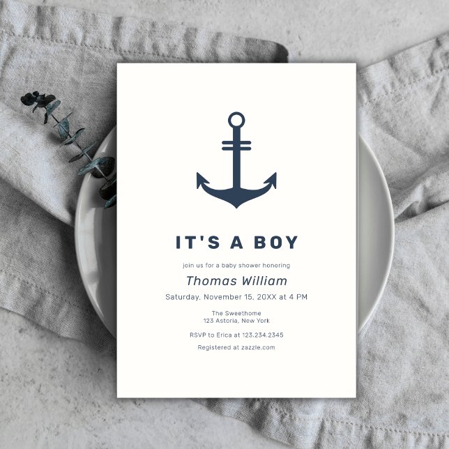 Navy Blue Elegant Nautical Anchor Baby Shower Invitation (Navy Blue Elegant Nautical Anchor Baby Shower Invitation)