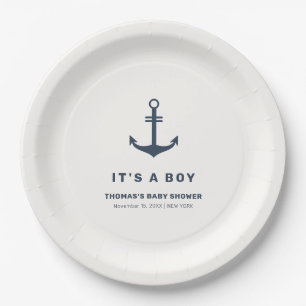 Navy Blue Elegant Nautical Anchor Baby Shower Paper Plates