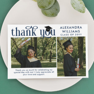 Navy Blue Elegant Overlay Photo Graduate Thank You Card