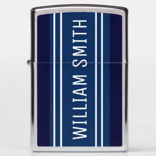 Navy Blue Elegant Personalized Stripped Name Zippo Lighter