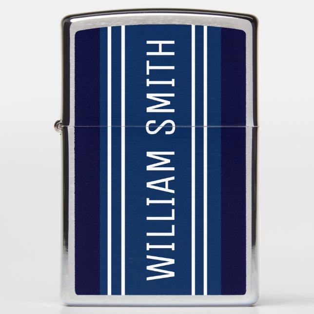 Navy Blue Elegant Personalized Stripped Name Zippo Lighter (Front)