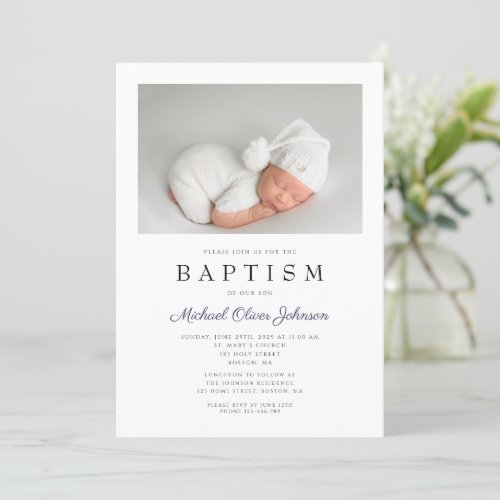 Navy Blue Elegant Photo Boy Baptism Invitation