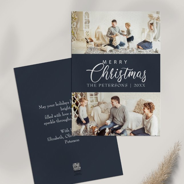 Navy Blue Elegant Photo Collage Christmas Card  (Modern Midnight Blue Photo Collage Christmas Holiday Card on white table)
