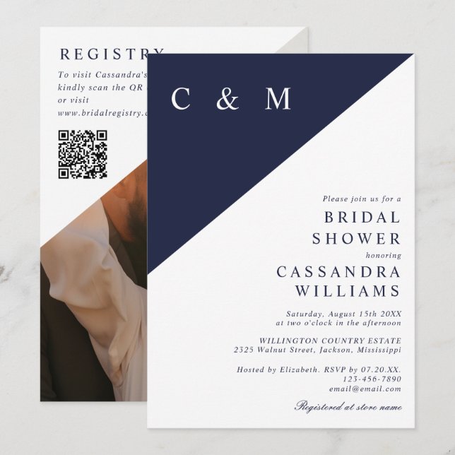 Navy Blue Elegant Photo QR Code Bridal Shower Invitation (Front/Back)