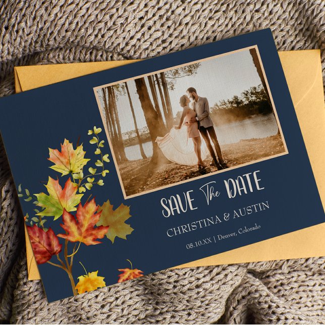 Navy Blue Elegant Photo wild Leaves Save the Date Postcard (Creator Uploaded)