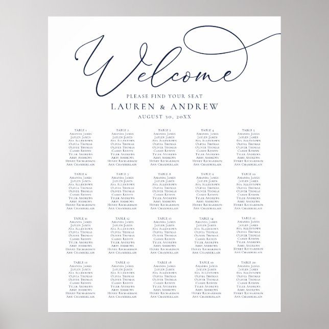 Navy Blue Elegant Print/Digital 20 Seating Chart (Front)