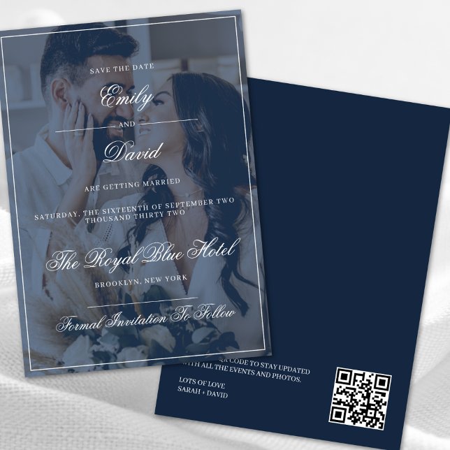 Navy Blue Elegant QR Code Photo Overlay Save The Date (Creator Uploaded)